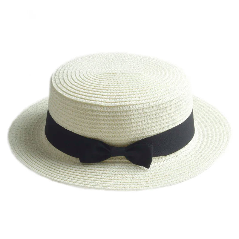 Ivory straw boater hat with ribbon – lightweight summer hat