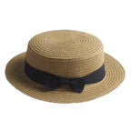 Khaki straw boater hat with ribbon – lightweight summer hat