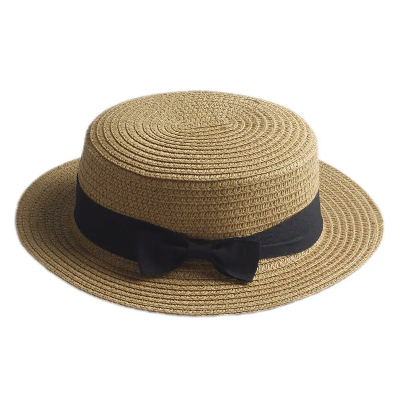 Khaki straw boater hat with ribbon – lightweight summer hat