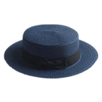 Blue navy straw boater hat with ribbon – lightweight summer hat