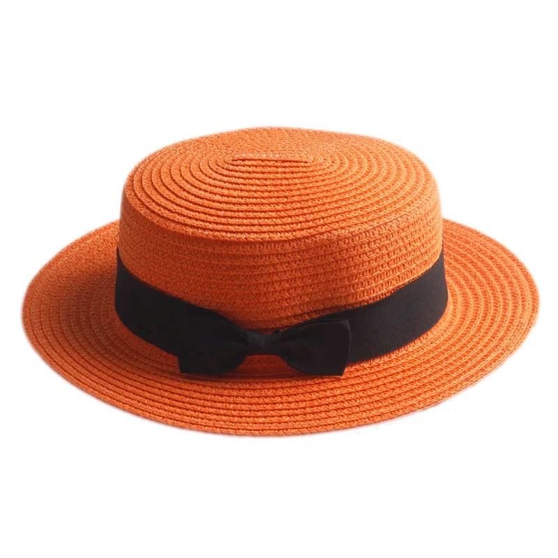 Orange Straw Boater Hat with ribbon
