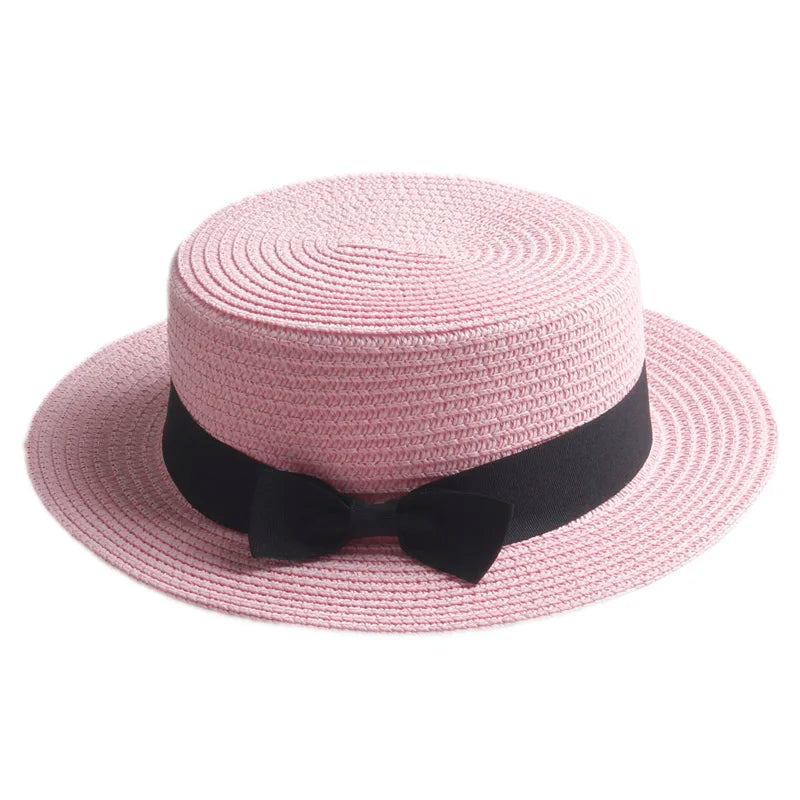 Pink straw boater hat with ribbon – lightweight summer hat