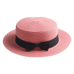Pink Straw Boater Hat with ribbon