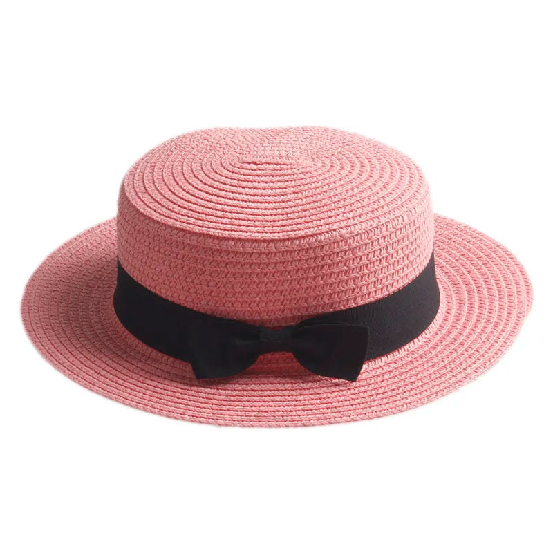 Pink Straw Boater Hat with ribbon