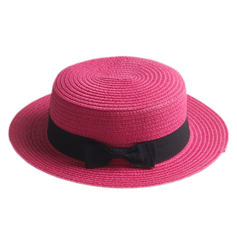 Rose red straw boater hat with ribbon – lightweight summer hat