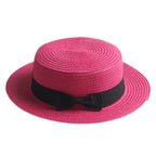 Rose red straw boater hat with ribbon – lightweight summer hat