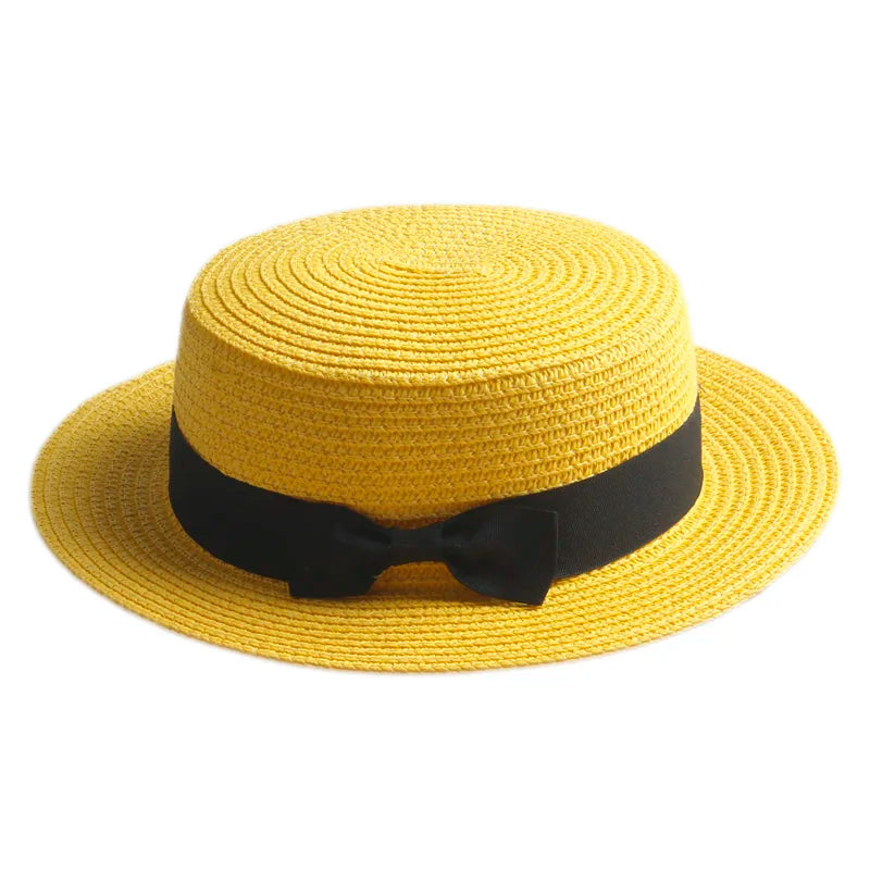 Yellow straw boater hat with ribbon – lightweight summer hat