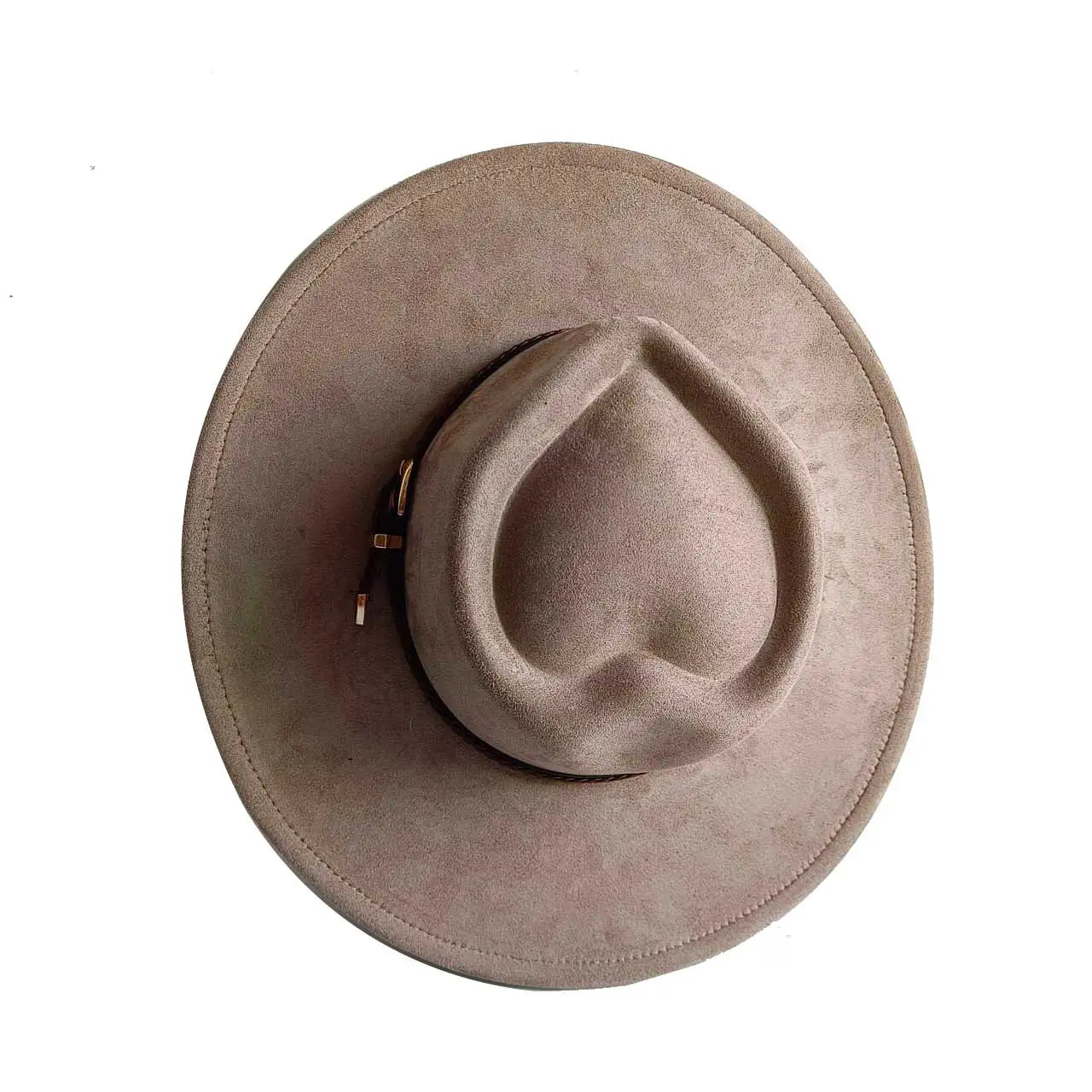 Beige heart-shaped suede hat – unique fashion hat worn by model