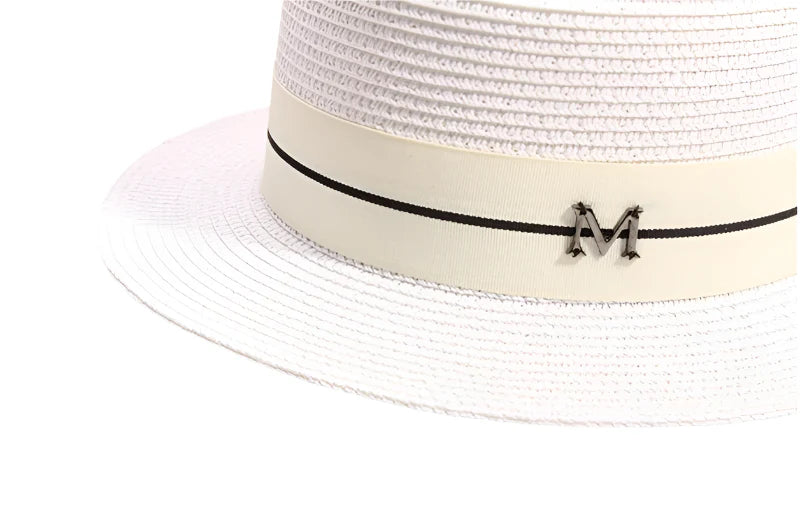 White Summer Straw Boater Hat – straw hat side view