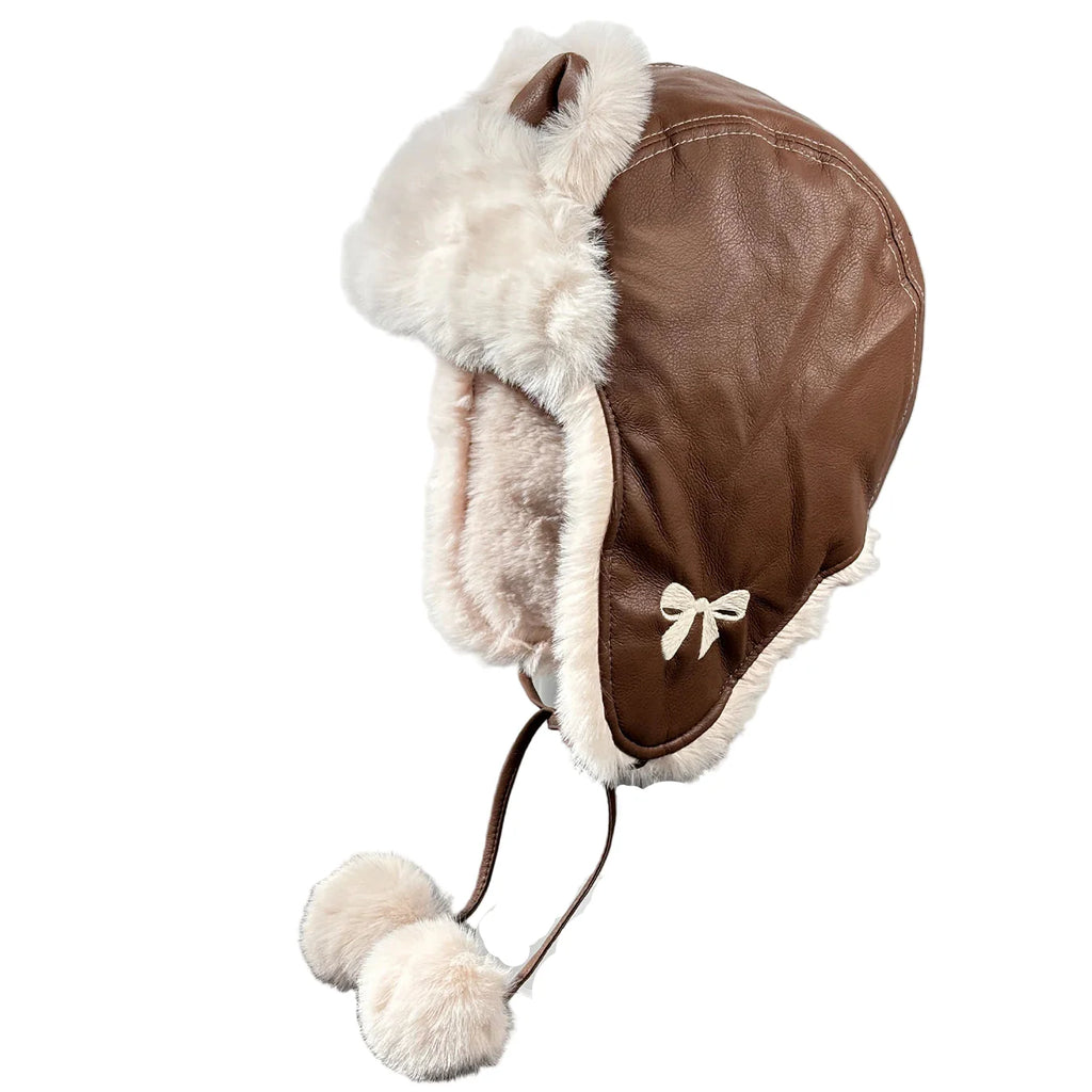 The Ribbon Winter Leather Pom Pom Bomber Hat