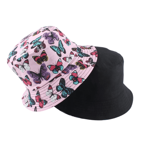 Pink Butterfly Bucket Hat - Reversible Cotton Wide Brim Summer Hat by
