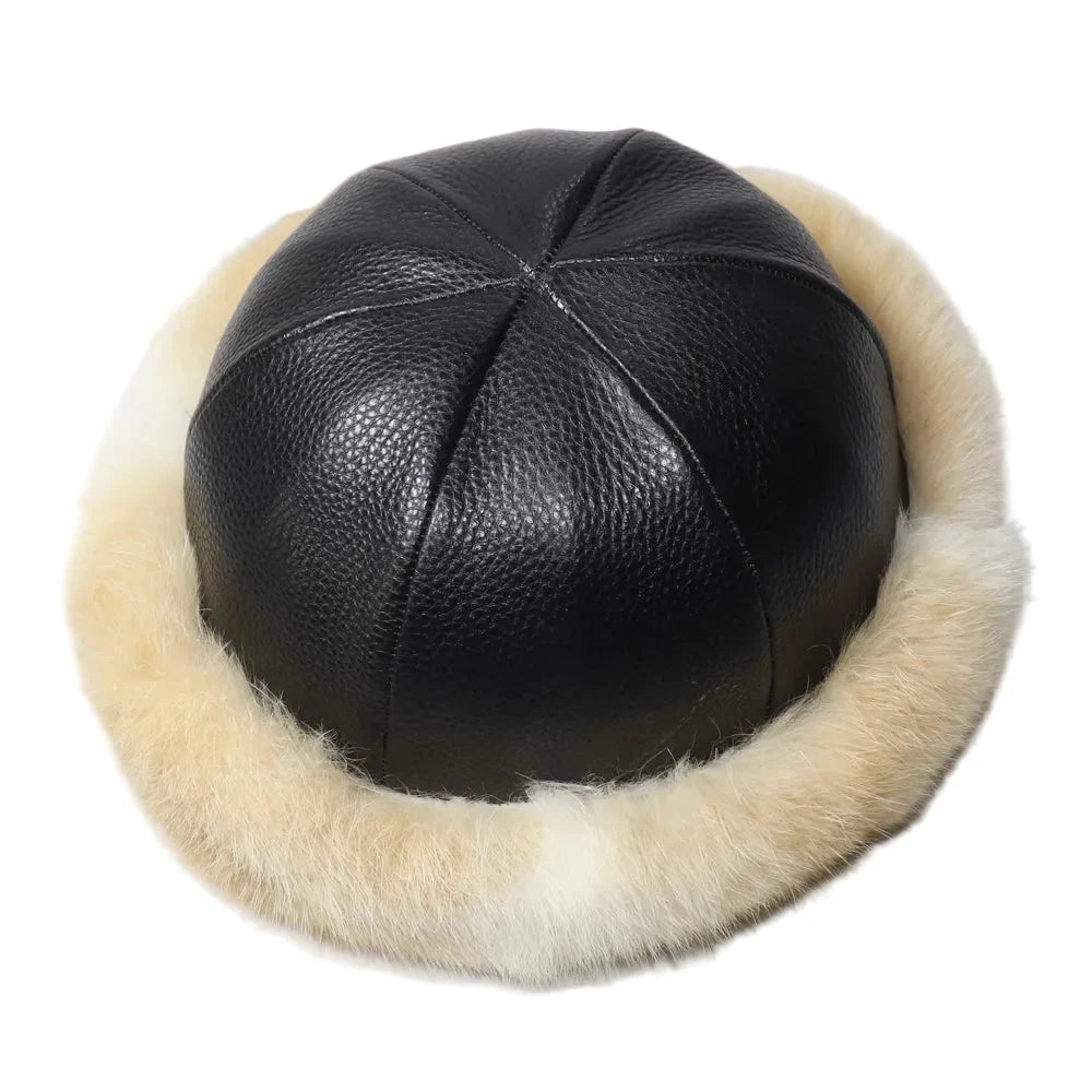 Vermont Winter Natural Rabbit Fur Genuine Leather Docker Cap