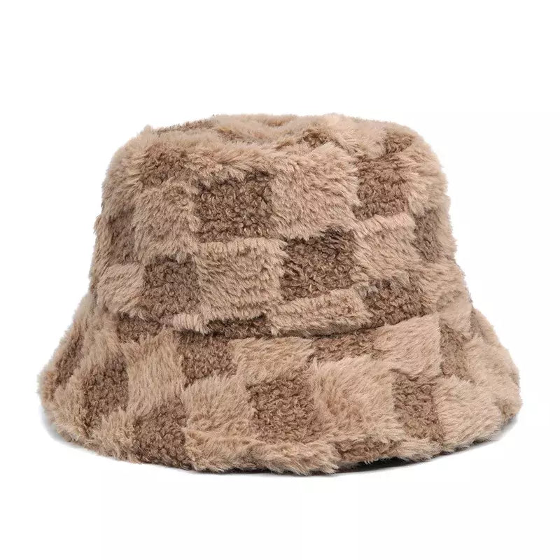 Vintage Plaid Fur Bucket Hat