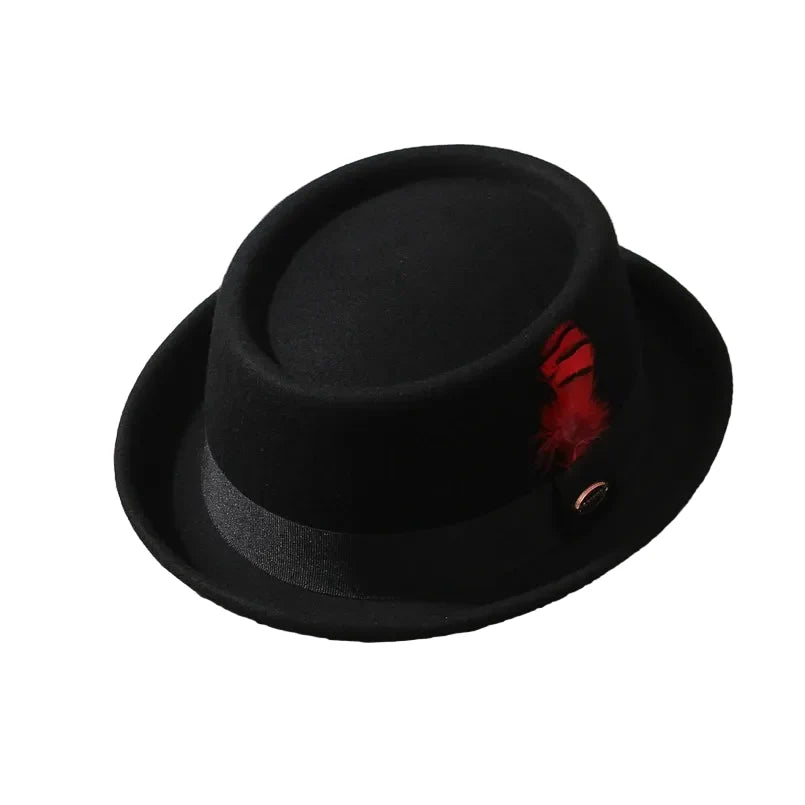 Virginia Feathers Black Wool Porkpie Hat