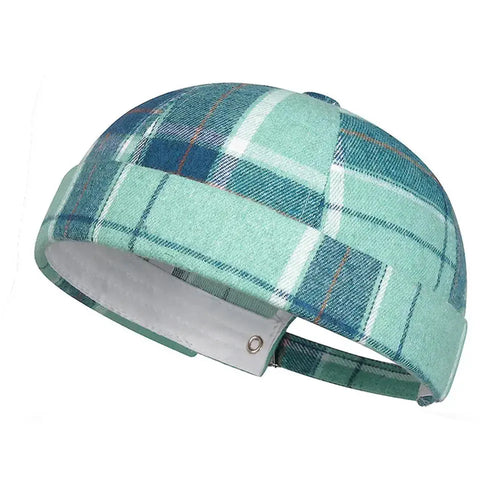 Blue and tan Brimless Docker Cap