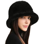 Winter Women Floral Natural Mink Fur Beanie Bucket Hat