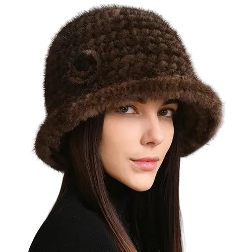 Winter Women Floral Natural Mink Fur Beanie Bucket Hat