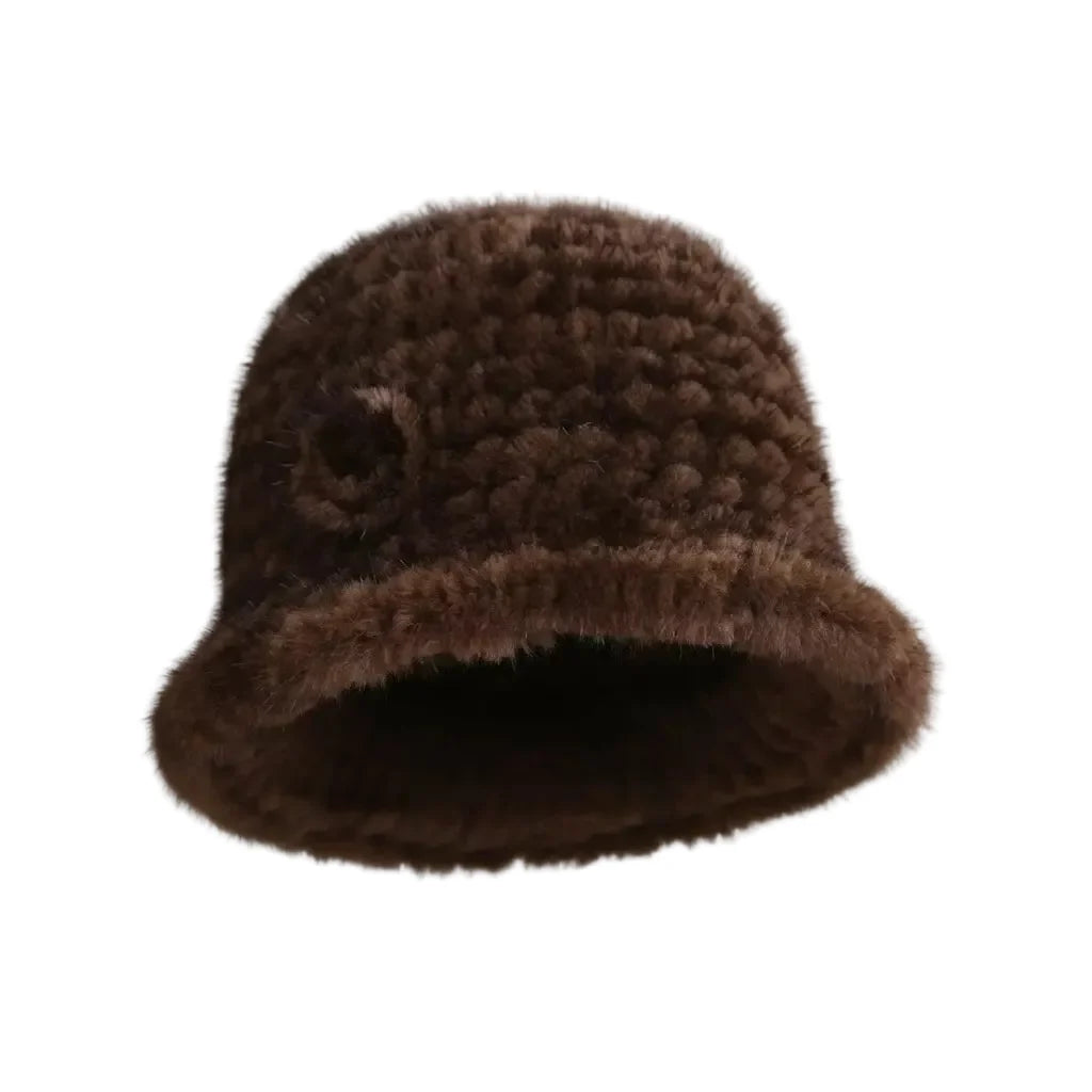 Winter Women Floral Natural Mink Fur Beanie Bucket Hat