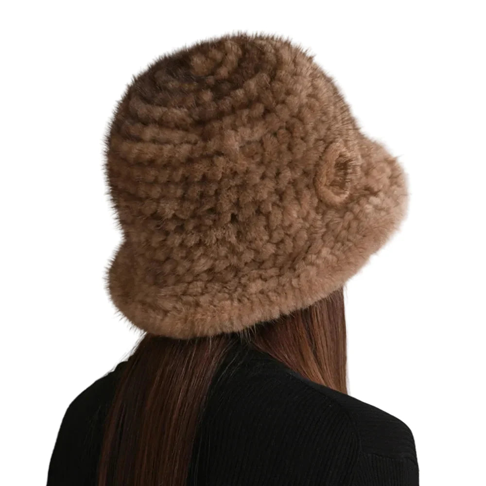 Winter Women Floral Natural Mink Fur Beanie Bucket Hat