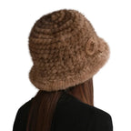 Winter Women Floral Natural Mink Fur Beanie Bucket Hat