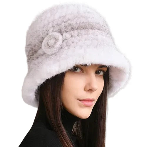 Winter Women Floral Natural Mink Fur Beanie Bucket Hat