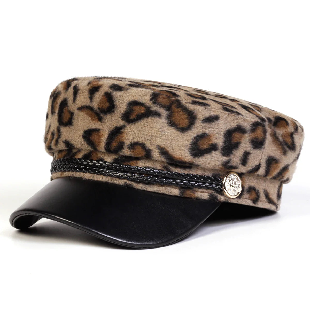Women Leopard Print Plush Leather Sailor Cap