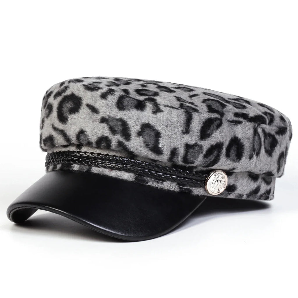 Women Leopard Print Plush Leather Sailor Cap