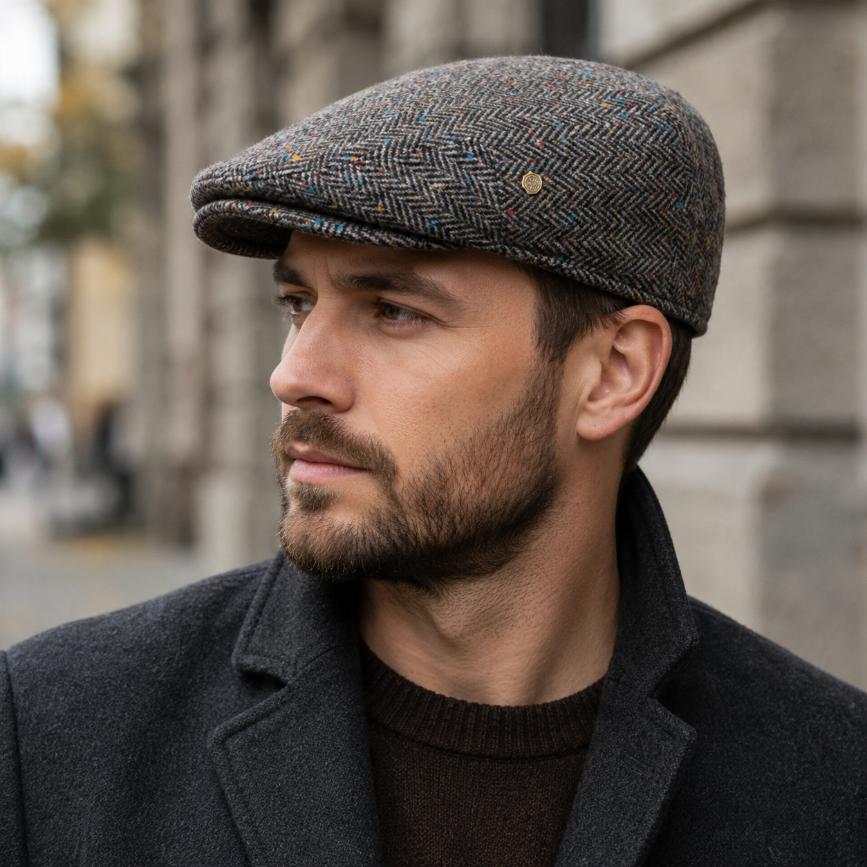 Wool Herringbone Flat Cap – Classic Ivy Hat With Tailored Multi-Panel Design