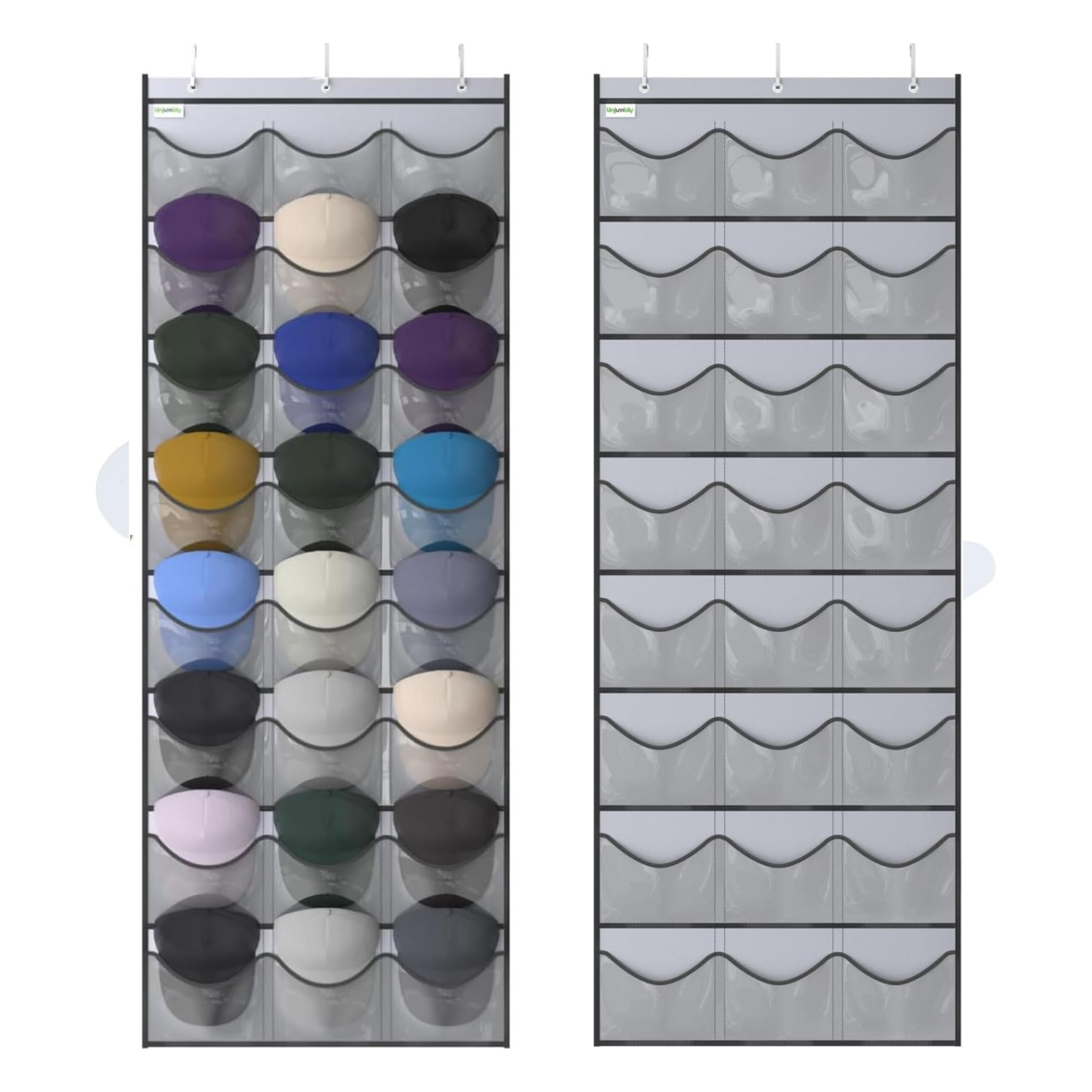 baseball cap storage rack with 24 clear pockets