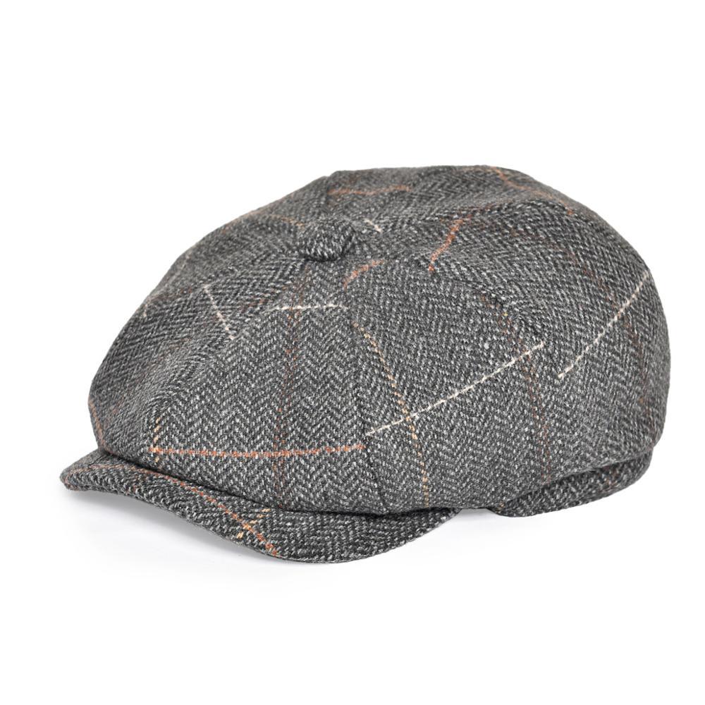 Men’s Tweed Newsboy Cap – Warm Herringbone Tartan Wool Flat Cap
