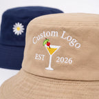 Navy bucket hat with custom printed own design on the front