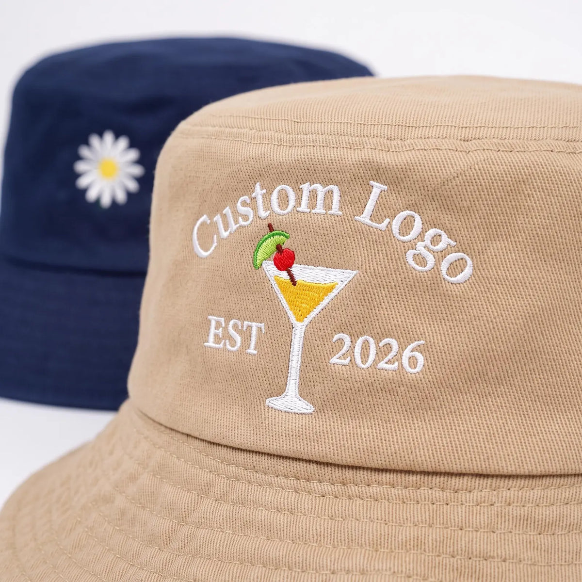 Navy bucket hat with custom printed own design on the front