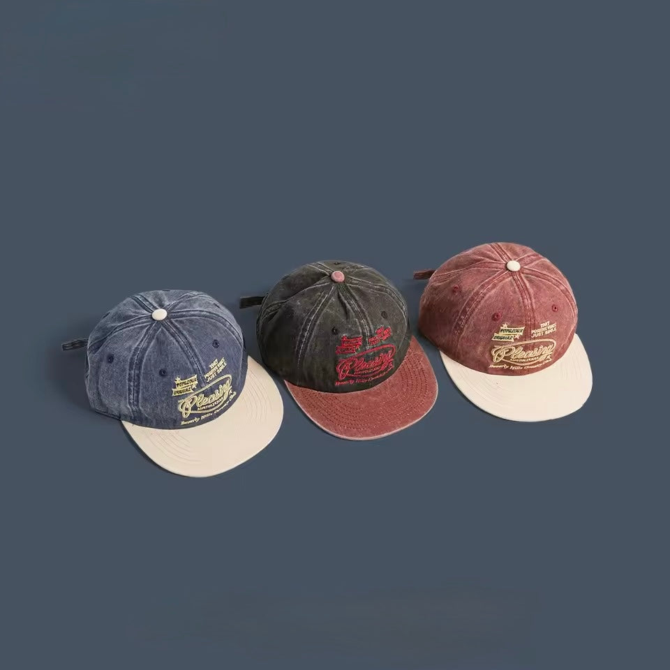 Vintage Washed Embroidered Flat Brim Baseball Cap – Unisex