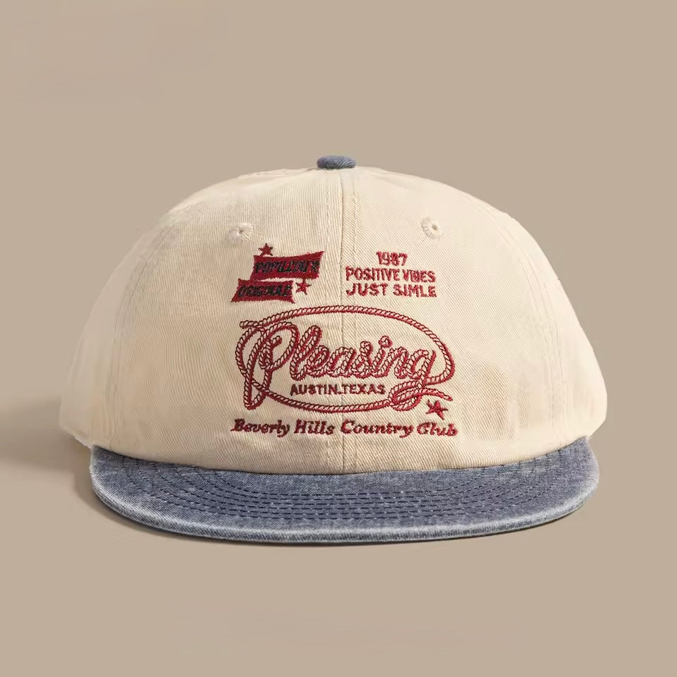 Vintage Washed Embroidered Flat Brim Baseball Cap – Unisex