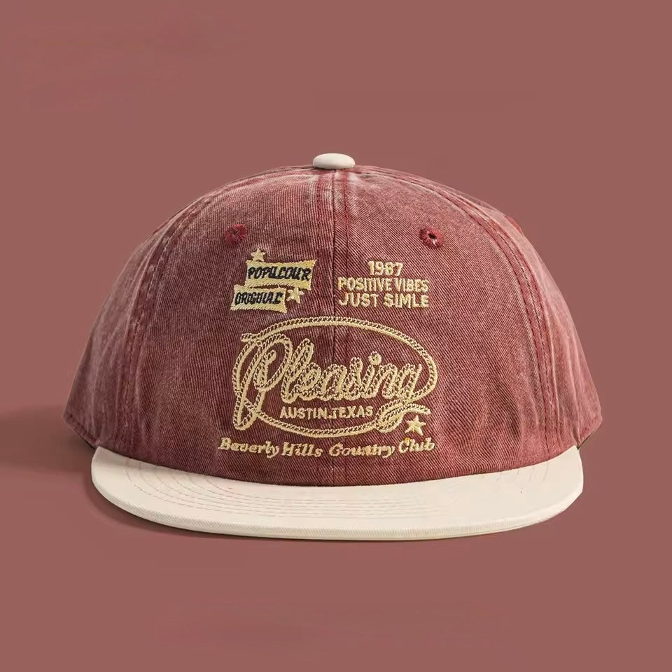 Vintage Washed Embroidered Flat Brim Baseball Cap – Unisex