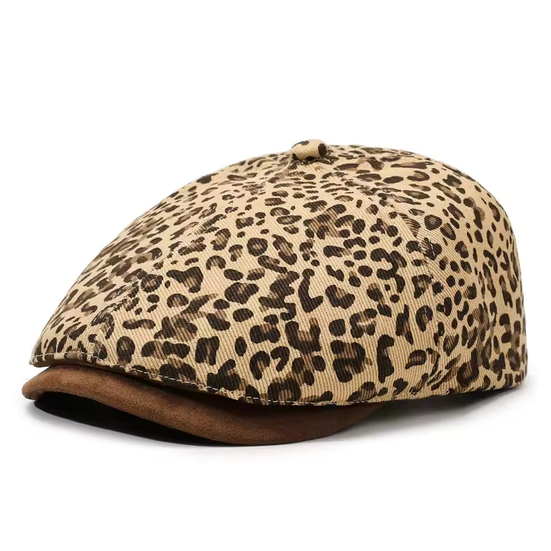 Leopard Print Baker Boy Cap for Spring Autumn