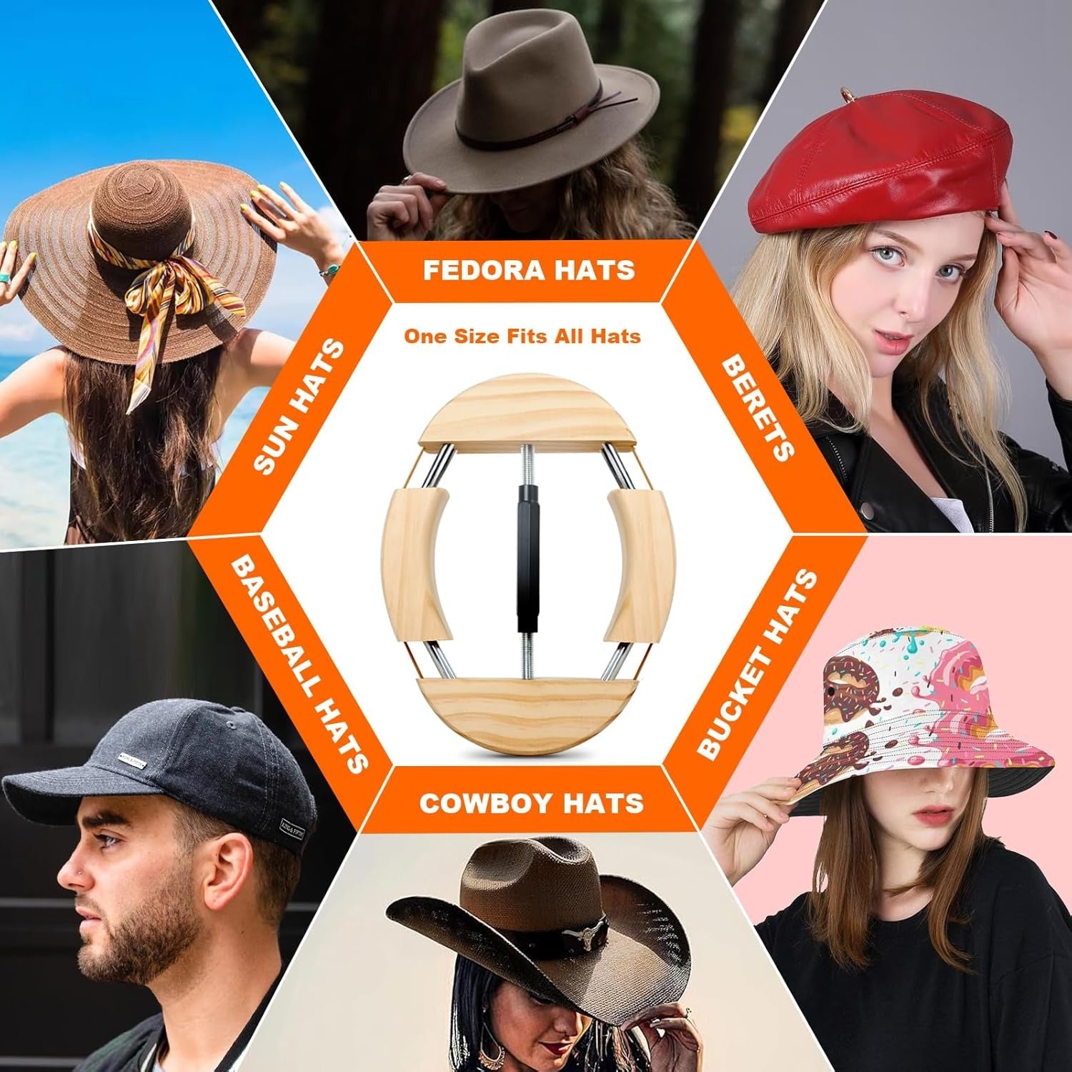 4-Way Adjustable Wooden Hat Stretcher for Fedora & Baseball Caps