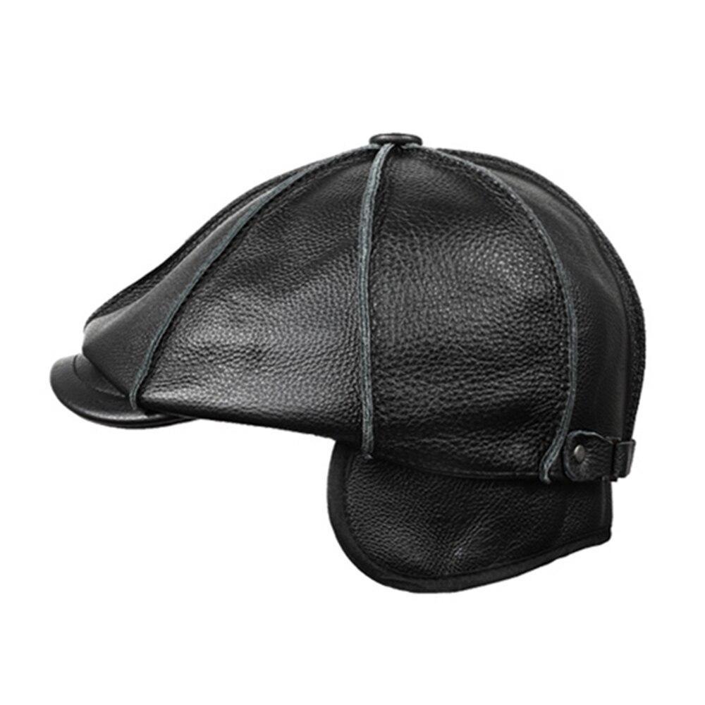 Men’s Leather Newsboy Cap with Ear Flaps – Adjustable Cowskin Flat Cap