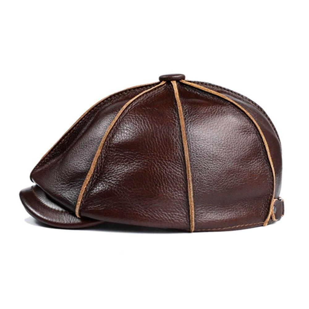 Men’s Leather Newsboy Cap with Ear Flaps – Adjustable Cowskin Flat Cap