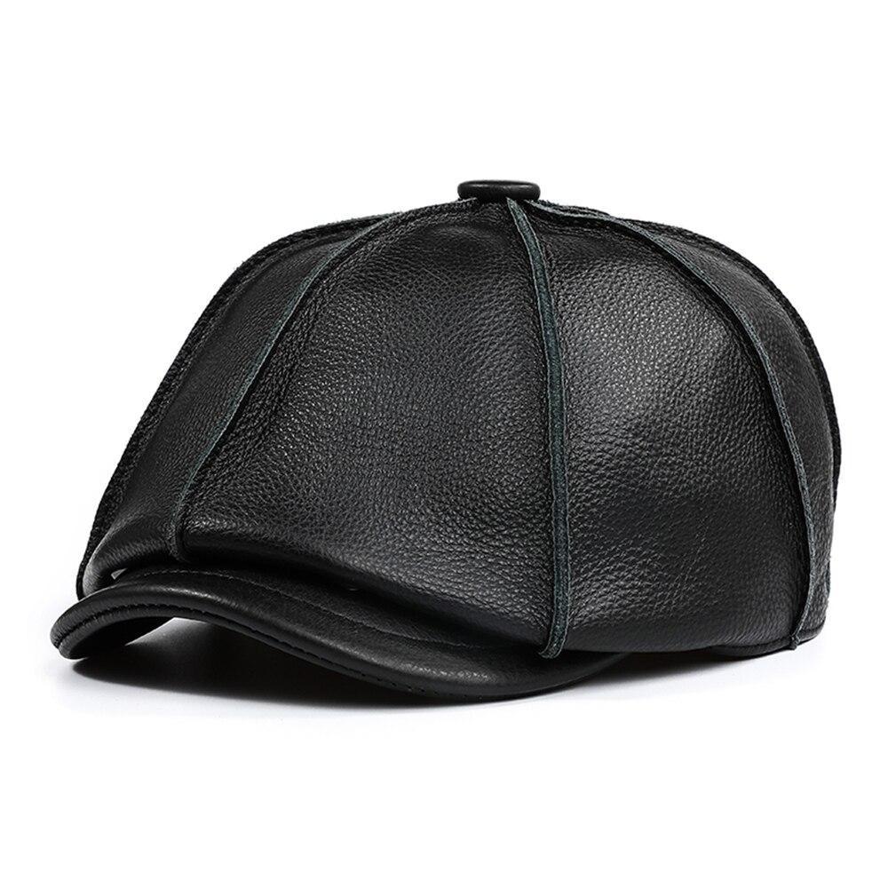 Men’s Leather Newsboy Cap with Ear Flaps – Adjustable Cowskin Flat Cap