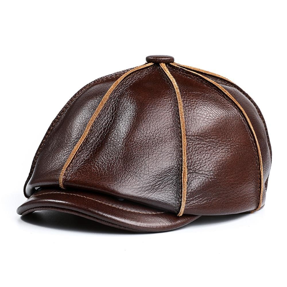 Men’s Leather Newsboy Cap with Ear Flaps – Adjustable Cowskin Flat Cap