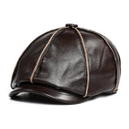 Men’s Leather Newsboy Cap with Ear Flaps – Adjustable Cowskin Flat Cap
