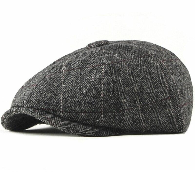 Wool Newsboy Cap – Classic Plaid Herringbone Adjustable Flat Cap