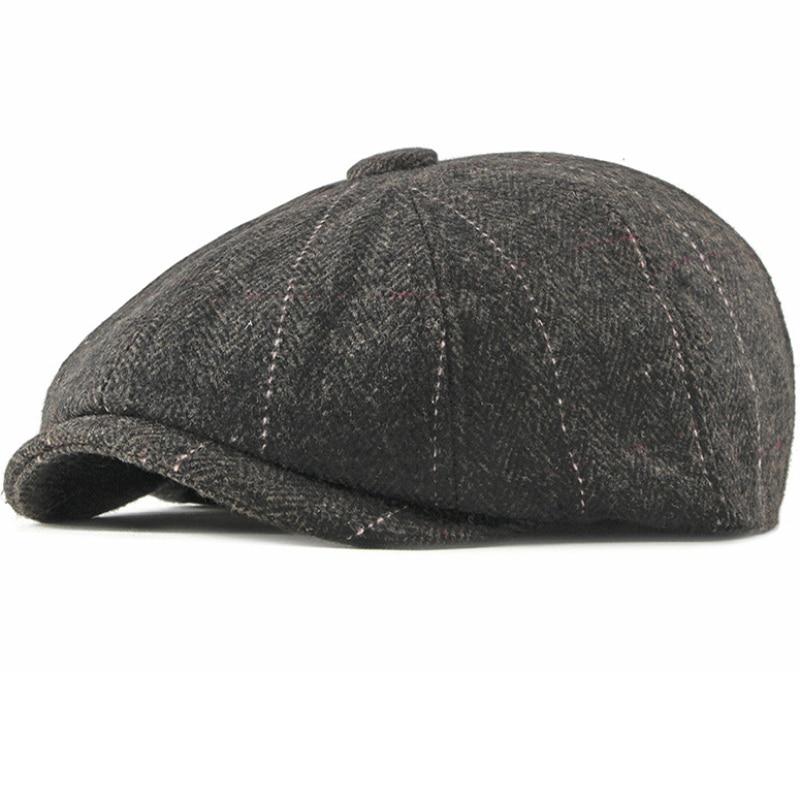 Wool Newsboy Cap – Classic Plaid Herringbone Adjustable Flat Cap