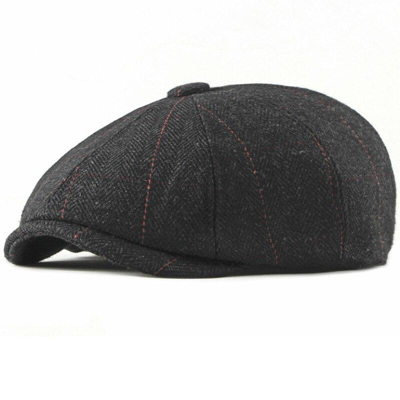 Wool Newsboy Cap – Classic Plaid Herringbone Adjustable Flat Cap
