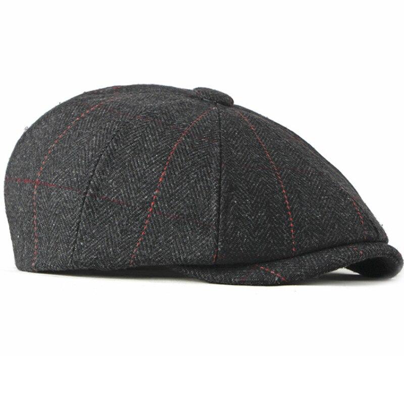 Wool Newsboy Cap – Classic Plaid Herringbone Adjustable Flat Cap