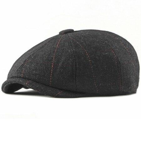 Wool Newsboy Cap – Classic Plaid Herringbone Adjustable Flat Cap