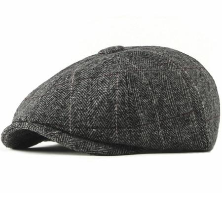 Wool Newsboy Cap – Classic Plaid Herringbone Adjustable Flat Cap